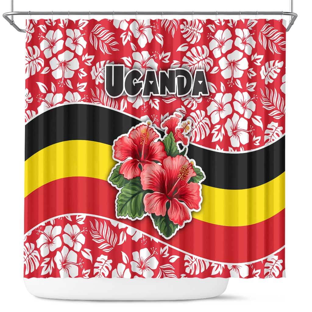 Uganda Shower Curtain with Red Hibiscus Flowers and National Flag Design