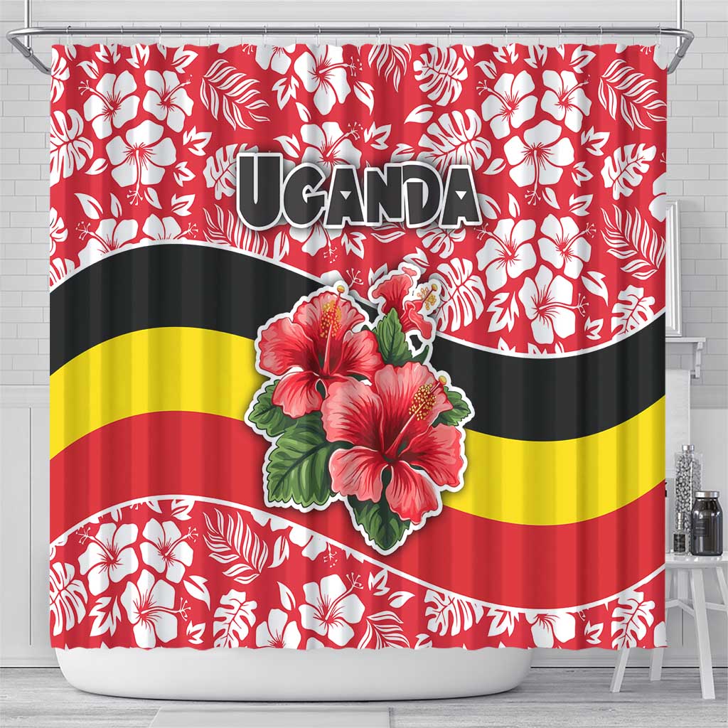 Uganda Shower Curtain with Red Hibiscus Flowers and National Flag Design