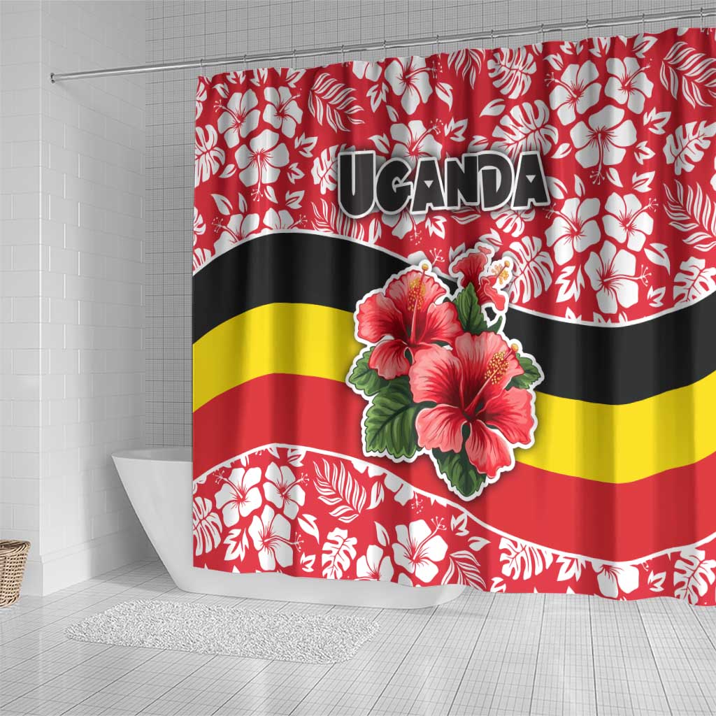 Uganda Shower Curtain with Red Hibiscus Flowers and National Flag Design