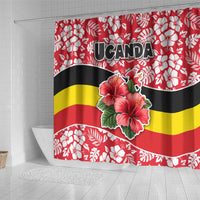 Uganda Shower Curtain with Red Hibiscus Flowers and National Flag Design