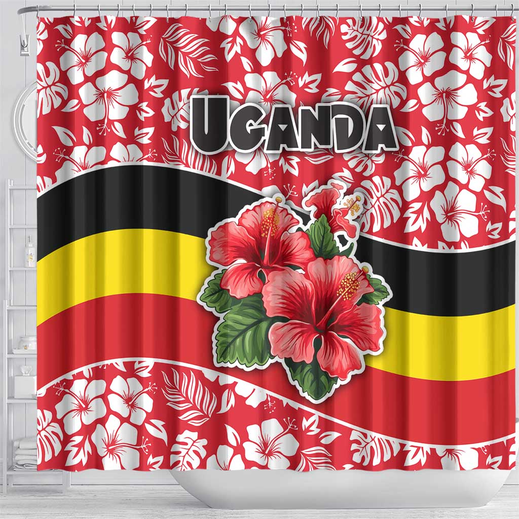 Uganda Shower Curtain with Red Hibiscus Flowers and National Flag Design