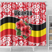 Uganda Shower Curtain with Red Hibiscus Flowers and National Flag Design