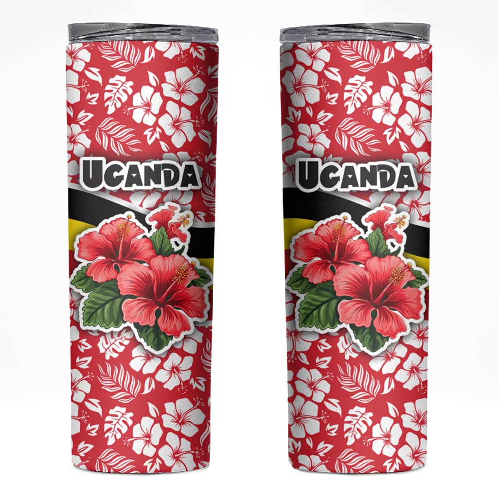 Uganda Skinny Tumbler with Red Hibiscus Flowers and National Flag Design