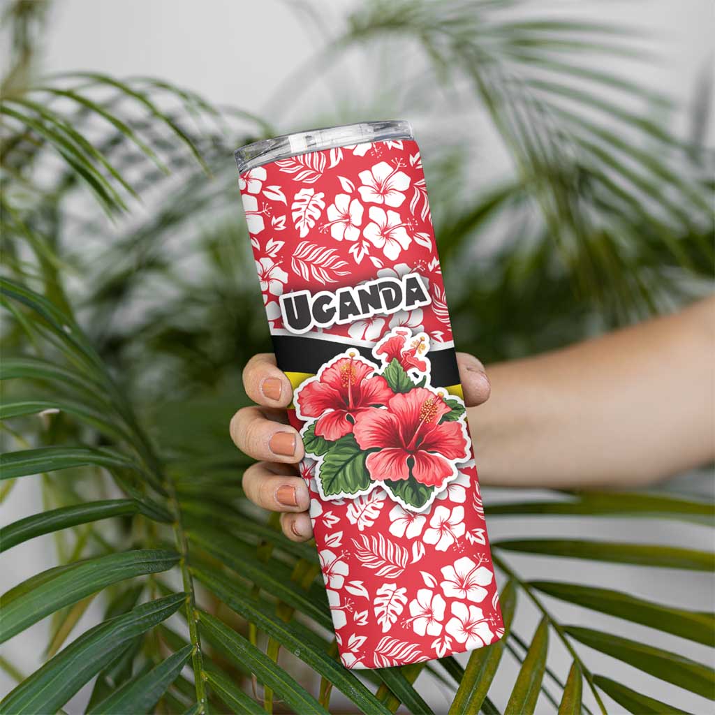 Uganda Skinny Tumbler with Red Hibiscus Flowers and National Flag Design