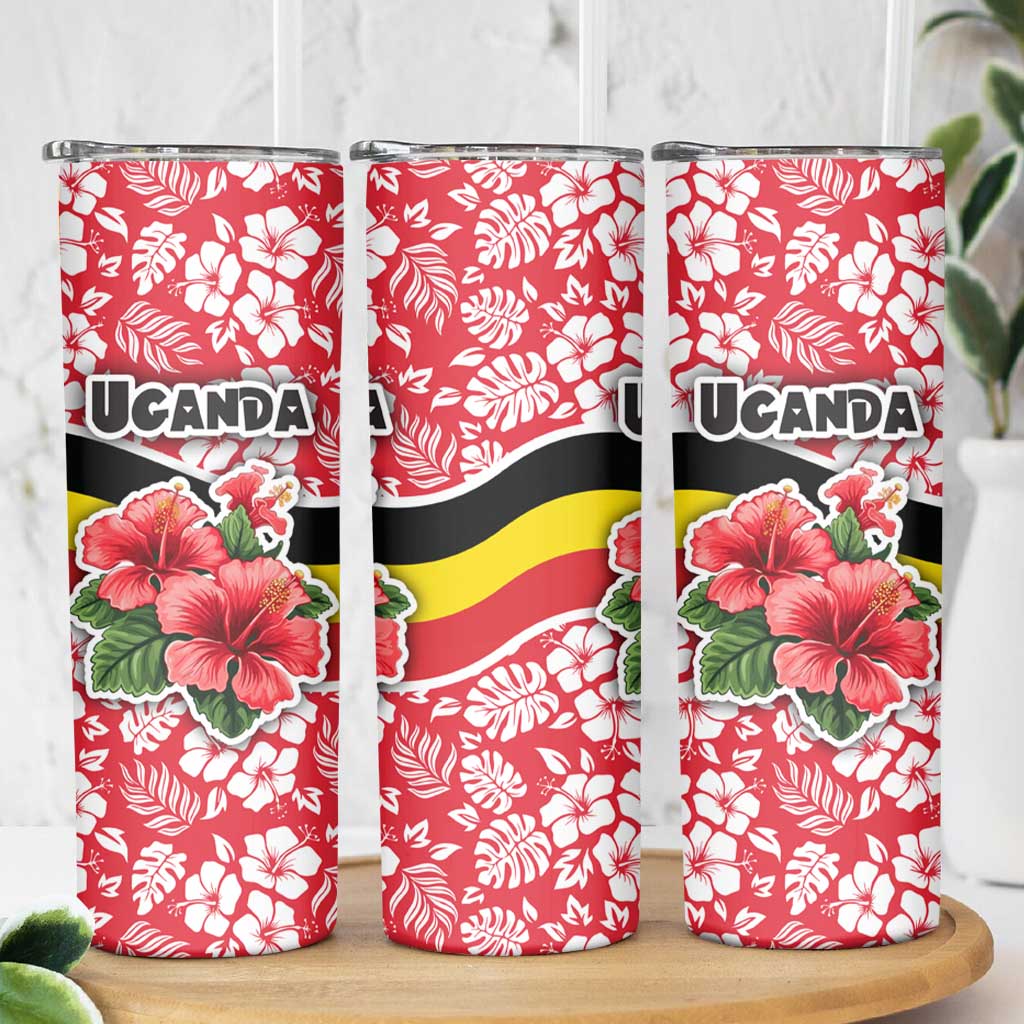 Uganda Skinny Tumbler with Red Hibiscus Flowers and National Flag Design