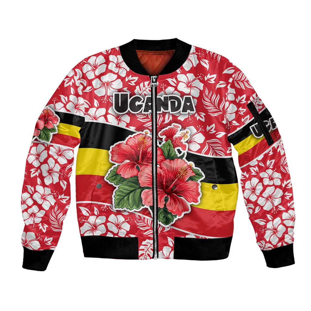 Uganda Sleeve Zip Bomber Jacket with Red Hibiscus Flowers and National Flag Design
