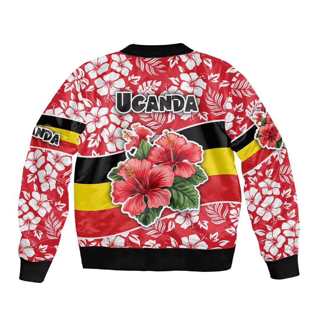 Uganda Sleeve Zip Bomber Jacket with Red Hibiscus Flowers and National Flag Design