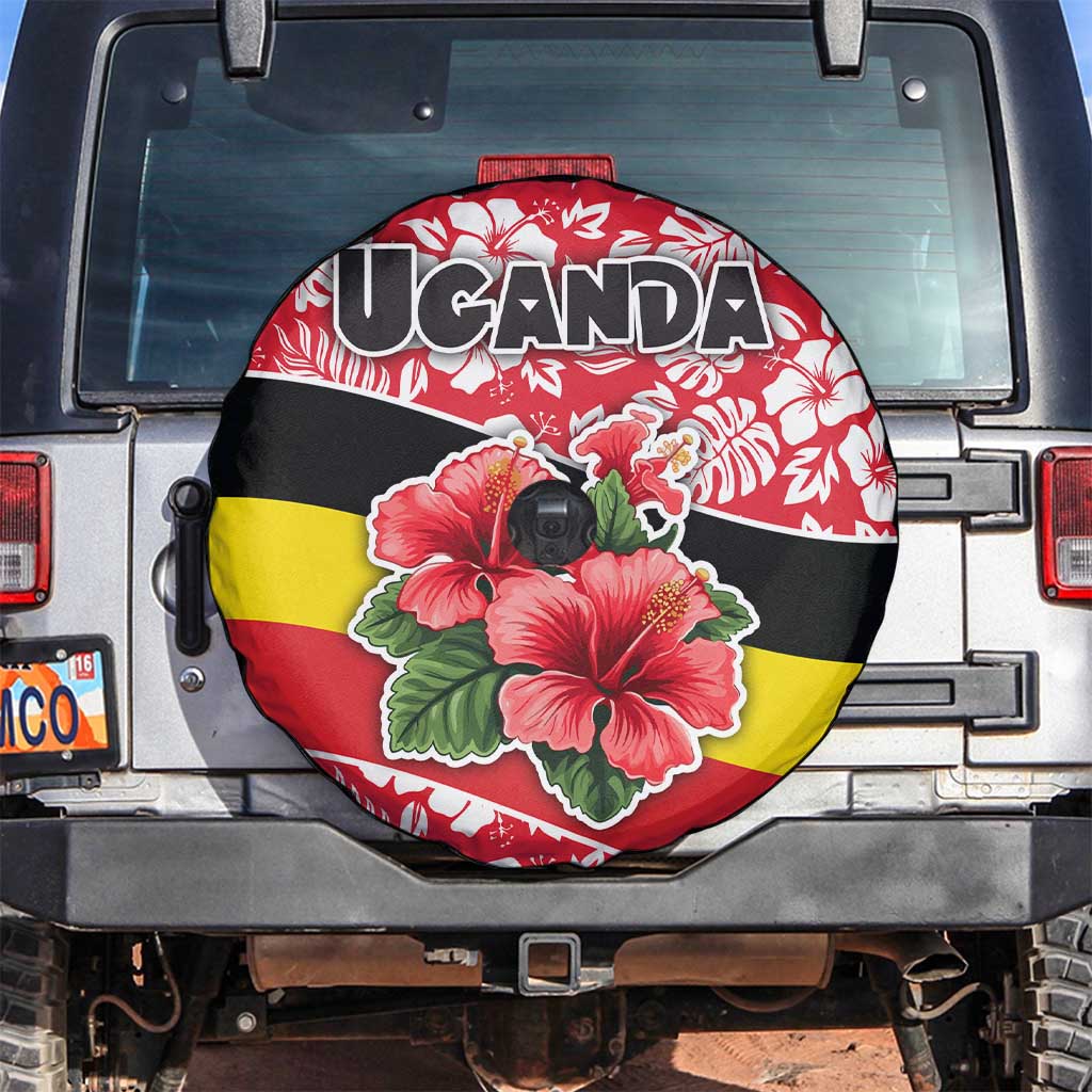 Uganda Spare Tire Cover with Red Hibiscus Flowers and National Flag Design