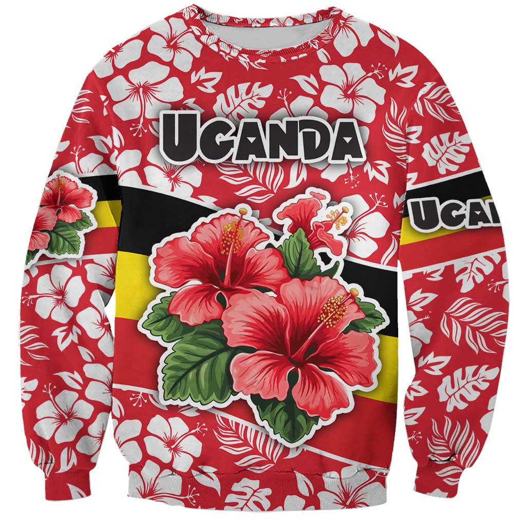 Uganda Sweatshirt with Red Hibiscus Flowers and National Flag Design