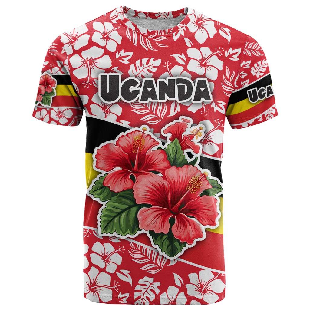 Uganda T Shirt with Red Hibiscus Flowers and National Flag Design