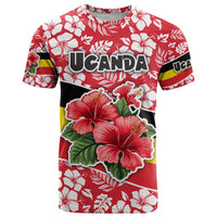 Uganda T Shirt with Red Hibiscus Flowers and National Flag Design