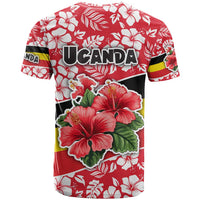 Uganda T Shirt with Red Hibiscus Flowers and National Flag Design