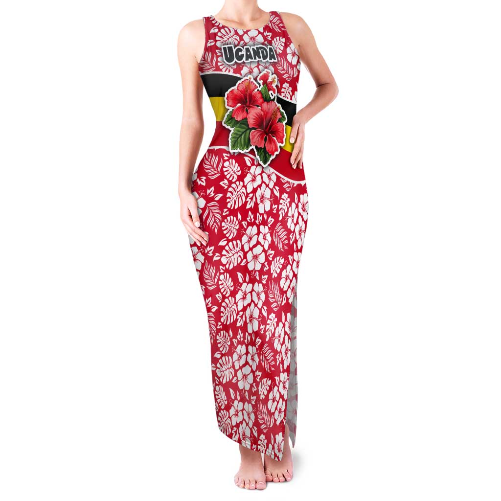 Uganda Tank Maxi Dress with Red Hibiscus Flowers and National Flag Design