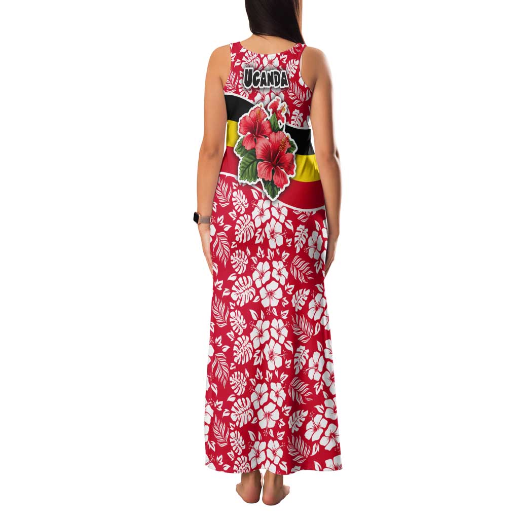 Uganda Tank Maxi Dress with Red Hibiscus Flowers and National Flag Design