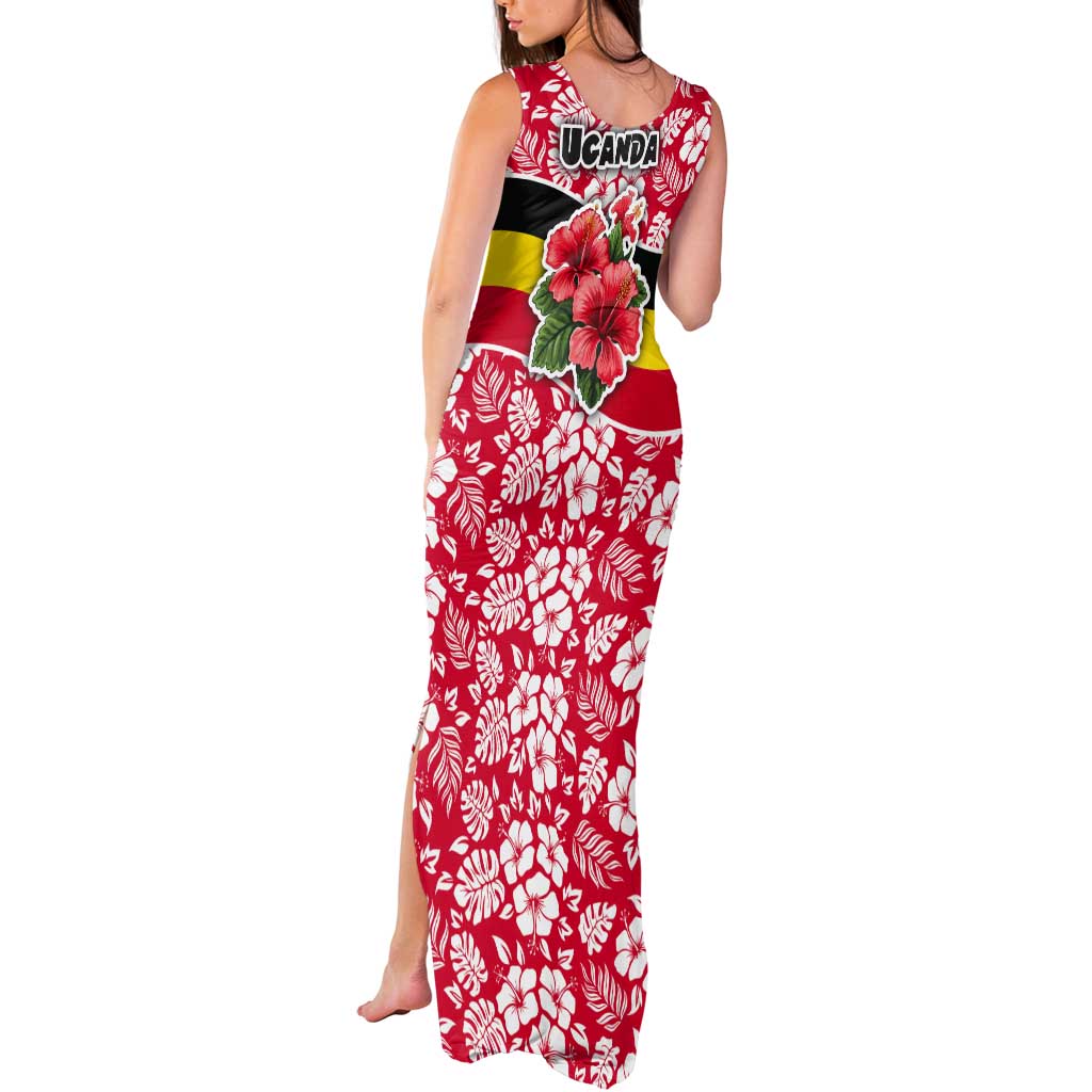 Uganda Tank Maxi Dress with Red Hibiscus Flowers and National Flag Design