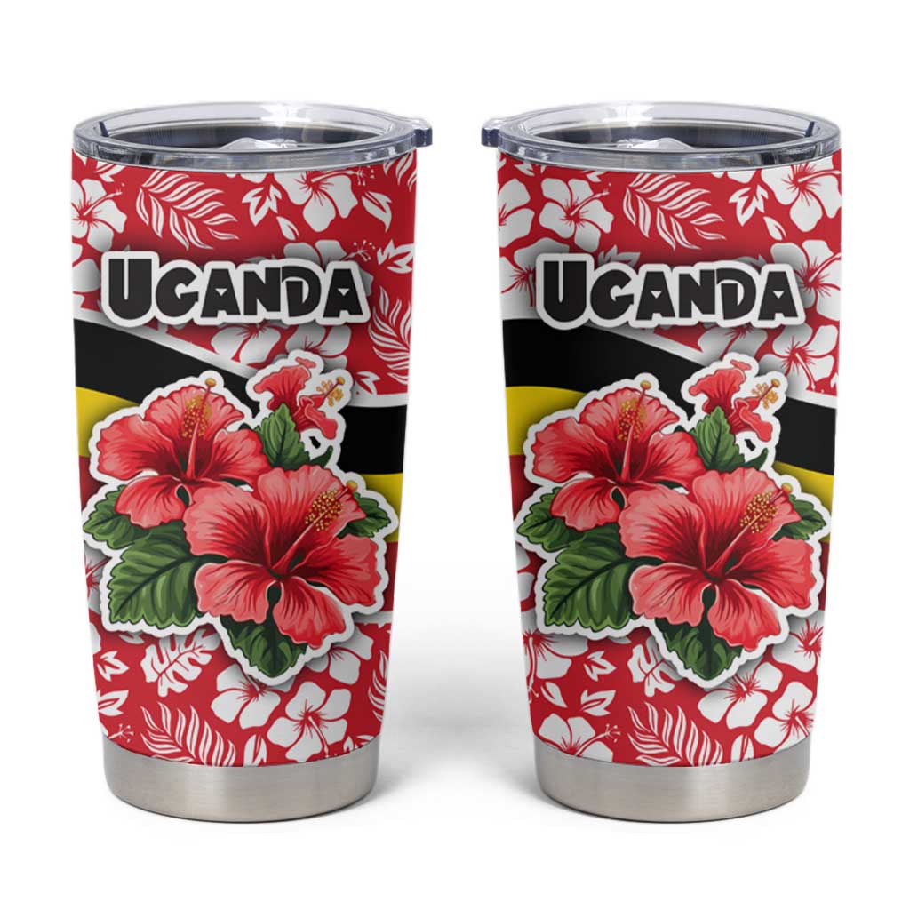 Uganda Tumbler Cup with Red Hibiscus Flowers and National Flag Design