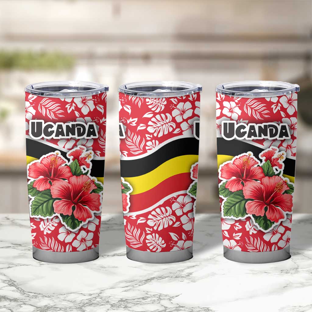 Uganda Tumbler Cup with Red Hibiscus Flowers and National Flag Design