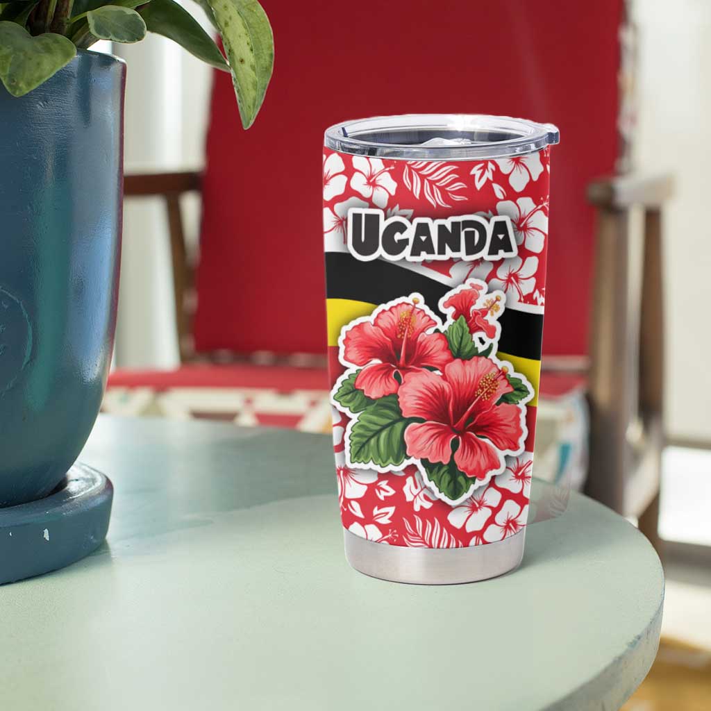 Uganda Tumbler Cup with Red Hibiscus Flowers and National Flag Design