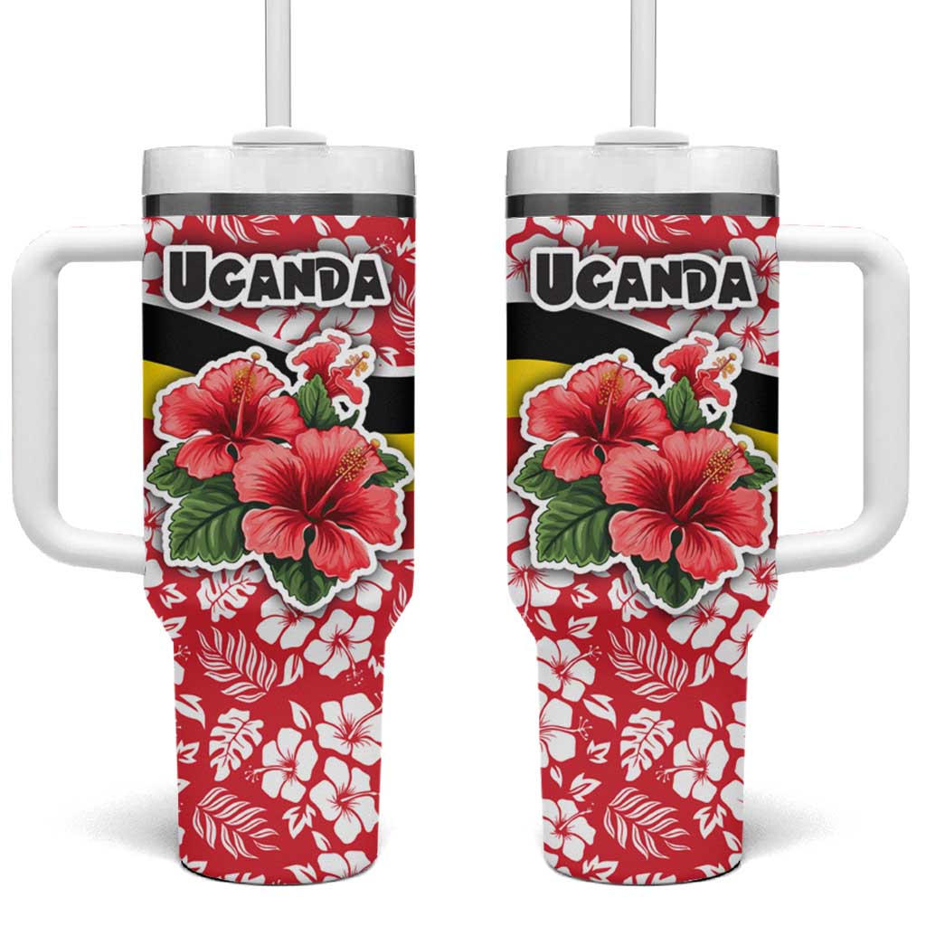 Uganda Tumbler With Handle with Red Hibiscus Flowers and National Flag Design
