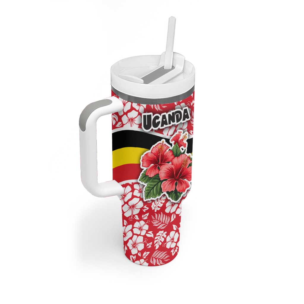 Uganda Tumbler With Handle with Red Hibiscus Flowers and National Flag Design