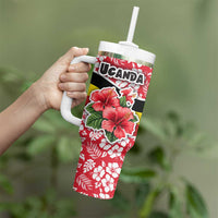 Uganda Tumbler With Handle with Red Hibiscus Flowers and National Flag Design