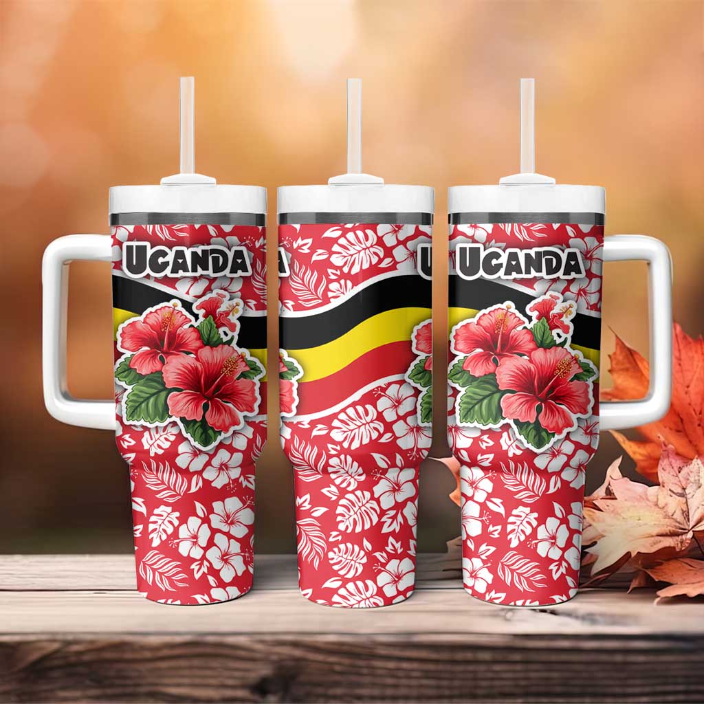 Uganda Tumbler With Handle with Red Hibiscus Flowers and National Flag Design