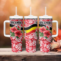 Uganda Tumbler With Handle with Red Hibiscus Flowers and National Flag Design
