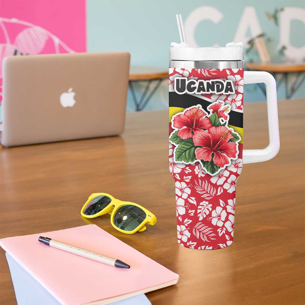 Uganda Tumbler With Handle with Red Hibiscus Flowers and National Flag Design