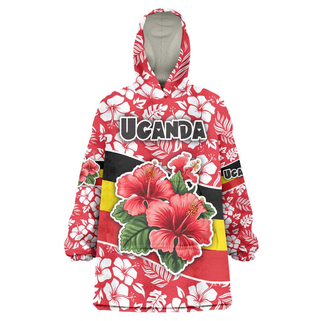 Uganda Wearable Blanket Hoodie with Red Hibiscus Flowers and National Flag Design