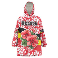Uganda Wearable Blanket Hoodie with Red Hibiscus Flowers and National Flag Design