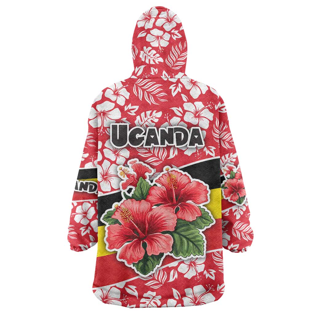 Uganda Wearable Blanket Hoodie with Red Hibiscus Flowers and National Flag Design