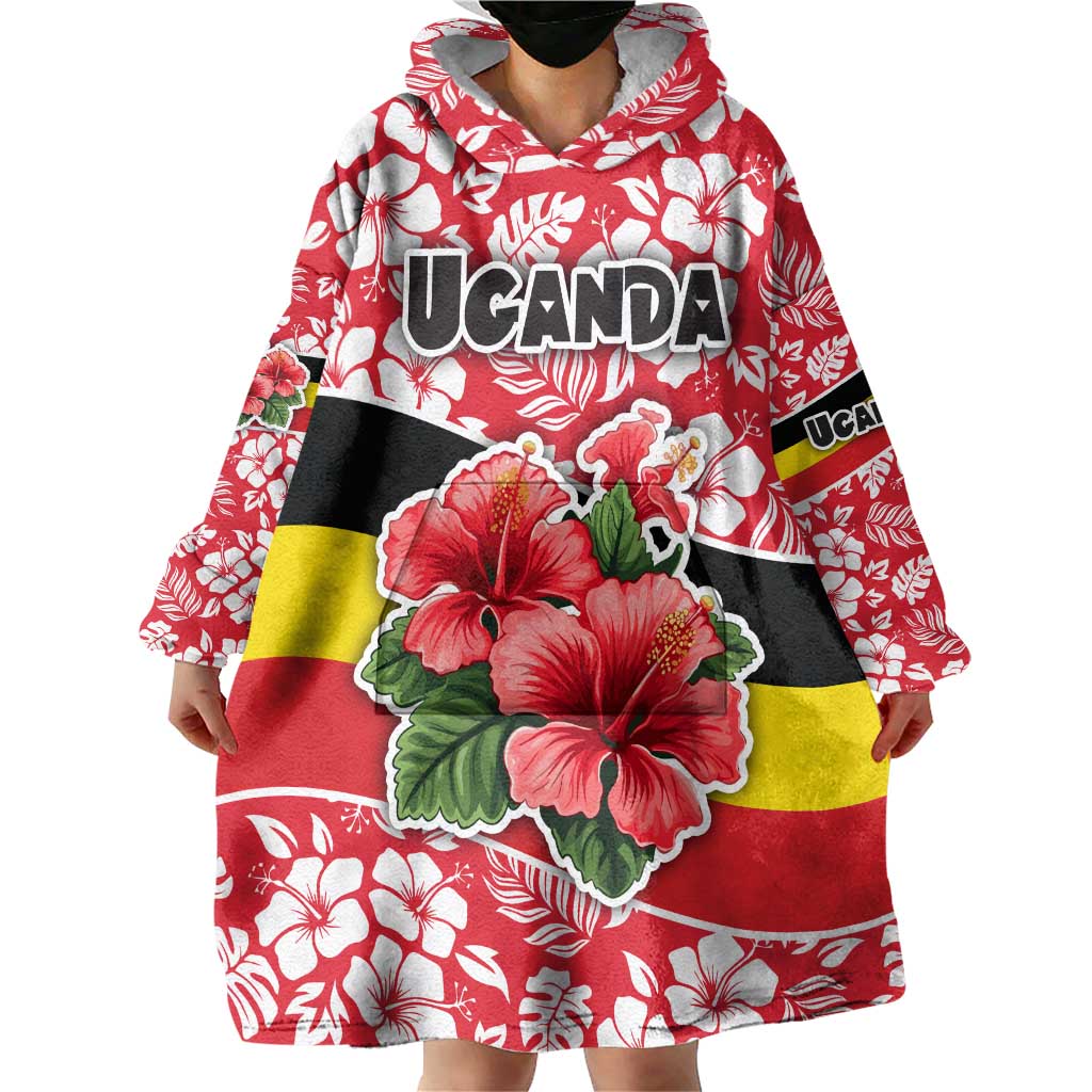 Uganda Wearable Blanket Hoodie with Red Hibiscus Flowers and National Flag Design