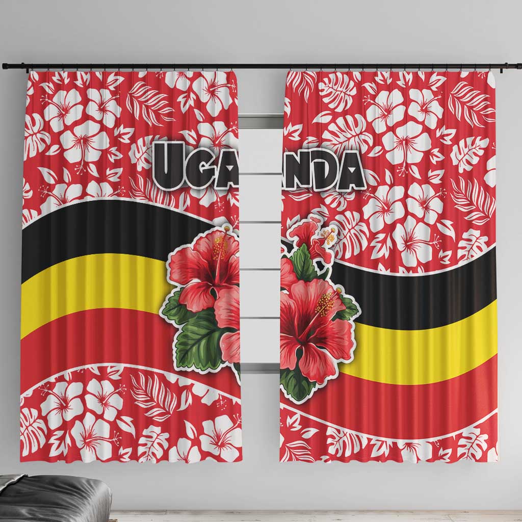 Uganda Window Curtain with Red Hibiscus Flowers and National Flag Design