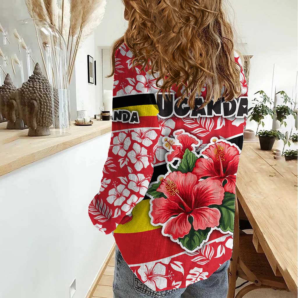 Uganda Women Casual Shirt with Red Hibiscus Flowers and National Flag Design
