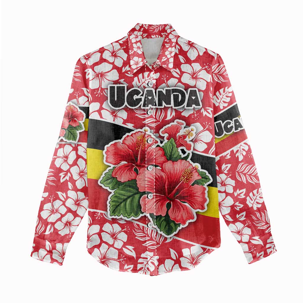 Uganda Women Casual Shirt with Red Hibiscus Flowers and National Flag Design