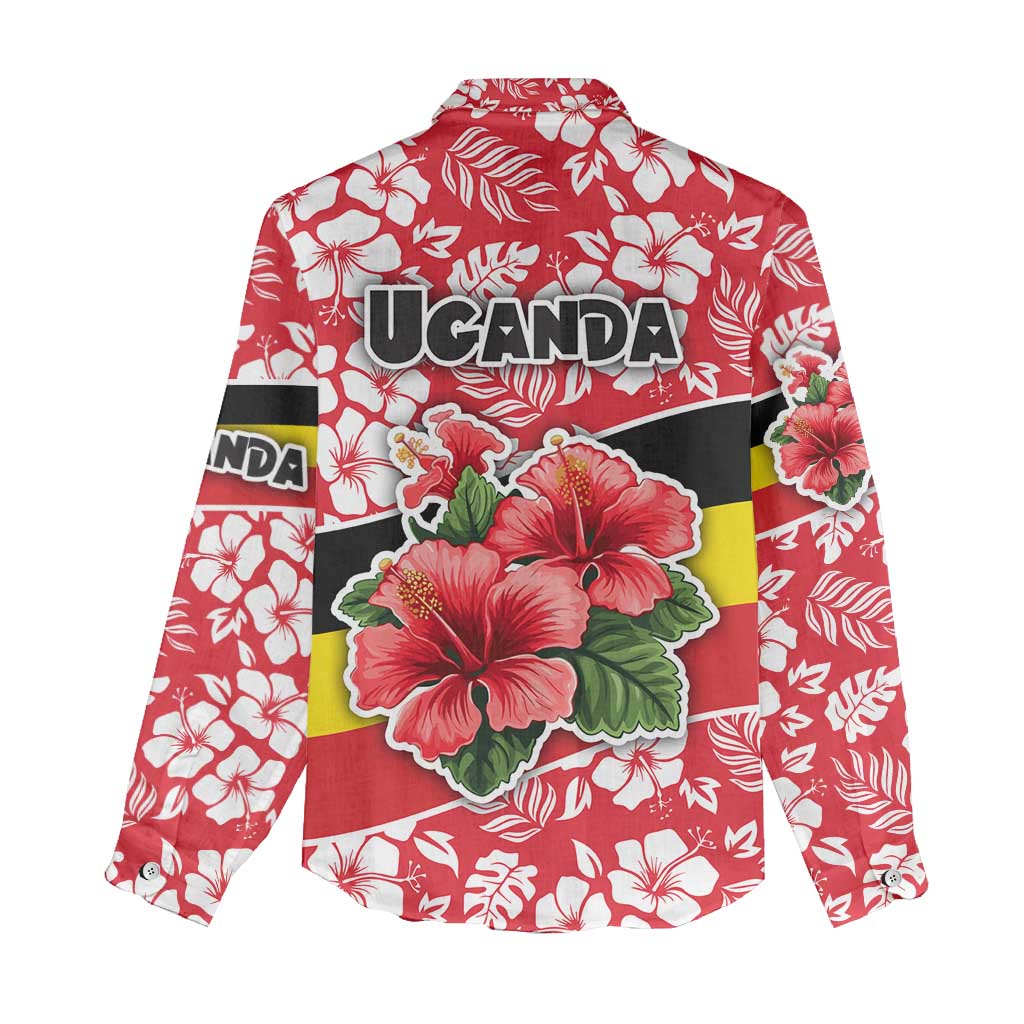 Uganda Women Casual Shirt with Red Hibiscus Flowers and National Flag Design