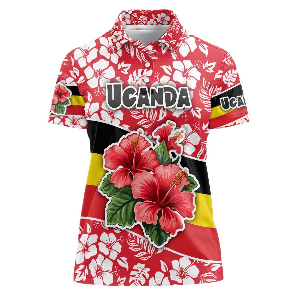 Uganda Women Polo Shirt with Red Hibiscus Flowers and National Flag Design