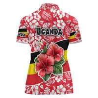Uganda Women Polo Shirt with Red Hibiscus Flowers and National Flag Design