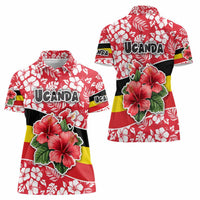 Uganda Women Polo Shirt with Red Hibiscus Flowers and National Flag Design