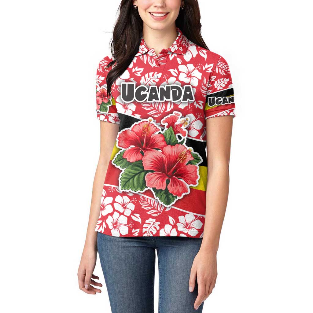 Uganda Women Polo Shirt with Red Hibiscus Flowers and National Flag Design