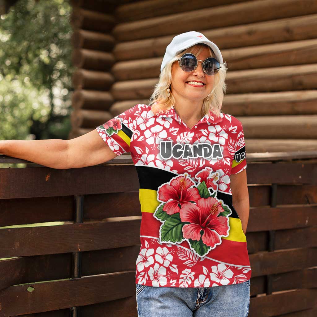 Uganda Women Polo Shirt with Red Hibiscus Flowers and National Flag Design
