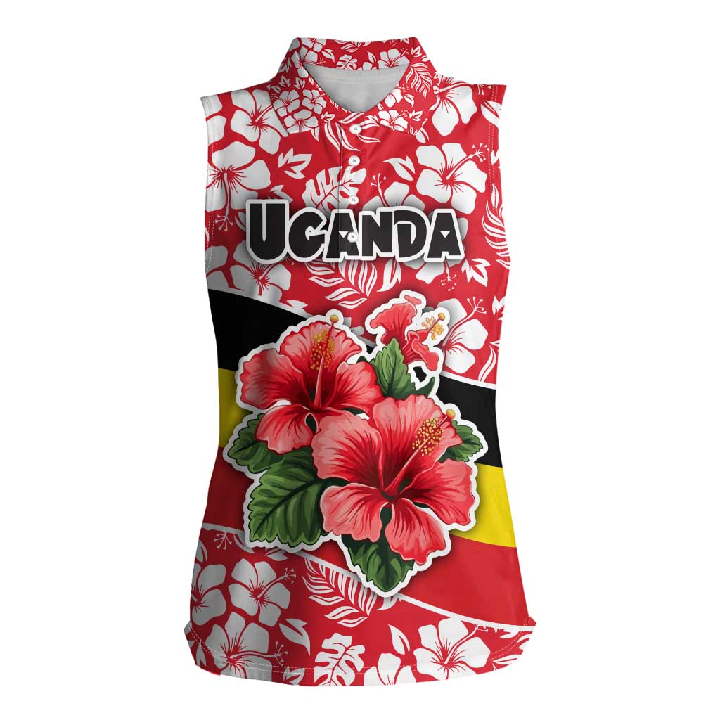 Uganda Women Sleeveless Polo Shirt with Red Hibiscus Flowers and National Flag Design