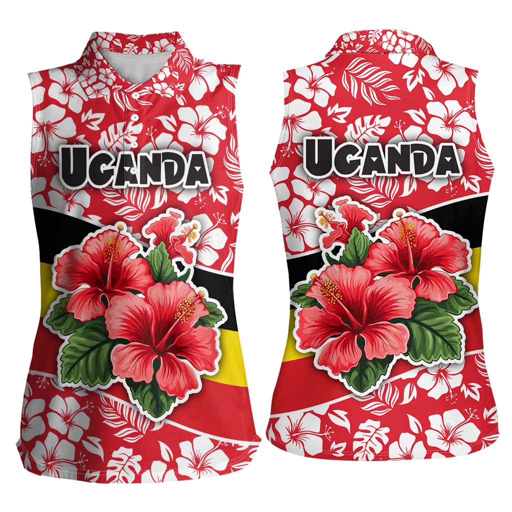 Uganda Women Sleeveless Polo Shirt with Red Hibiscus Flowers and National Flag Design