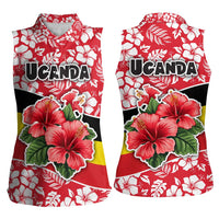 Uganda Women Sleeveless Polo Shirt with Red Hibiscus Flowers and National Flag Design