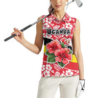 Uganda Women Sleeveless Polo Shirt with Red Hibiscus Flowers and National Flag Design