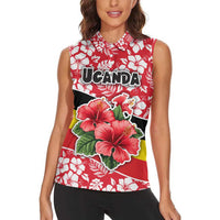 Uganda Women Sleeveless Polo Shirt with Red Hibiscus Flowers and National Flag Design