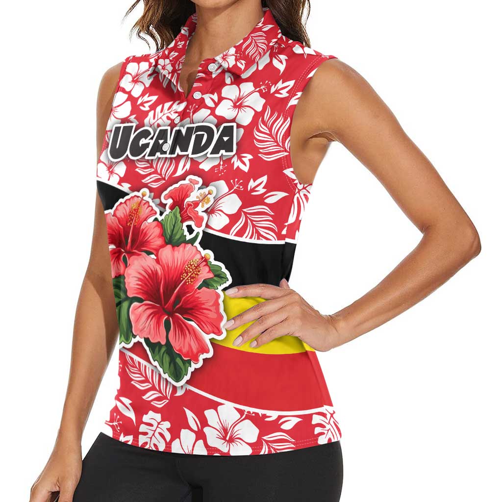 Uganda Women Sleeveless Polo Shirt with Red Hibiscus Flowers and National Flag Design
