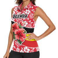 Uganda Women Sleeveless Polo Shirt with Red Hibiscus Flowers and National Flag Design