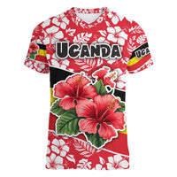 Uganda Women V-Neck T-Shirt with Red Hibiscus Flowers and National Flag Design