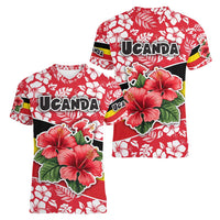 Uganda Women V-Neck T-Shirt with Red Hibiscus Flowers and National Flag Design